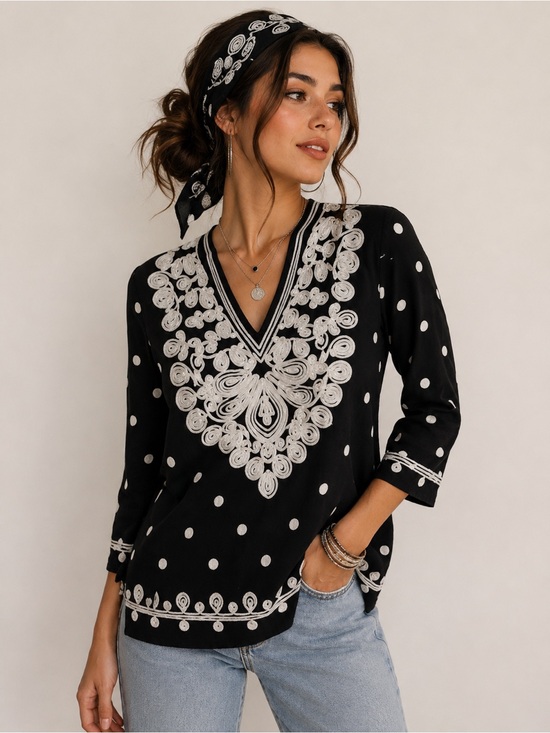 V Cristina Tops - V Christina Black & White Polka Dot Embroidered Tunic Top – Boho Chic, Size S